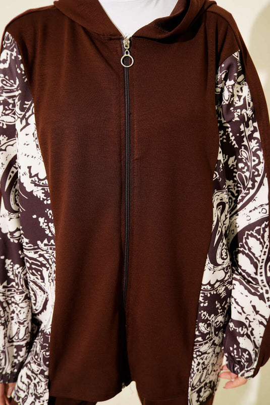 Karışık Desenli Fermuarlı İkili Takım Kahve