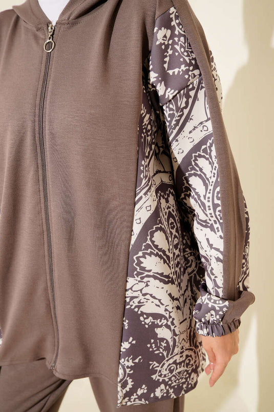 Karışık Desenli Fermuarlı İkili Takım Vizon