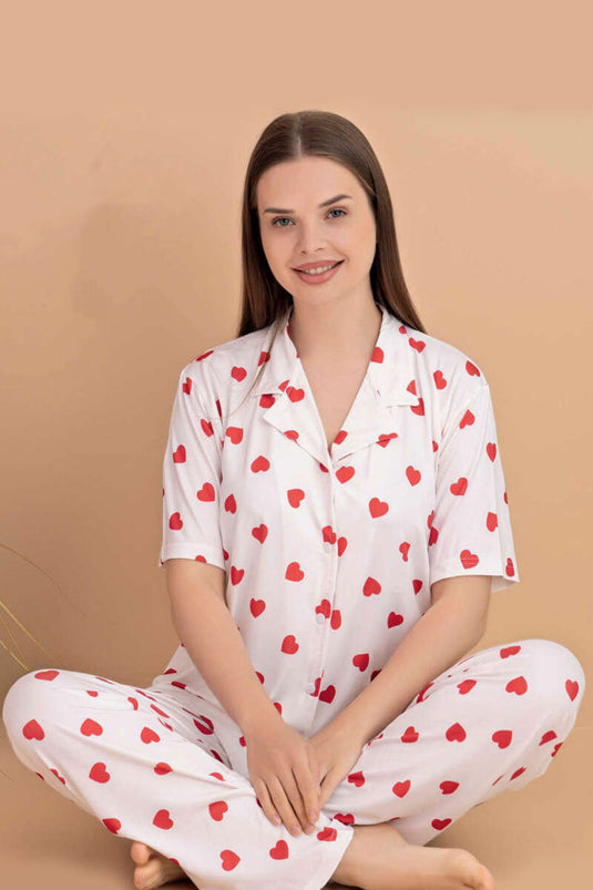 Karışık Desenli Gömlek Yaka Pijama Takımı Beyaz