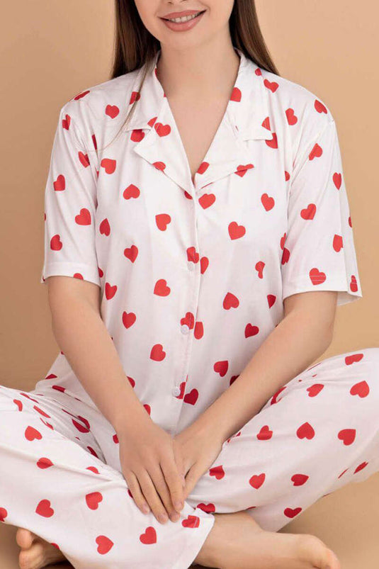 Karışık Desenli Gömlek Yaka Pijama Takımı Beyaz