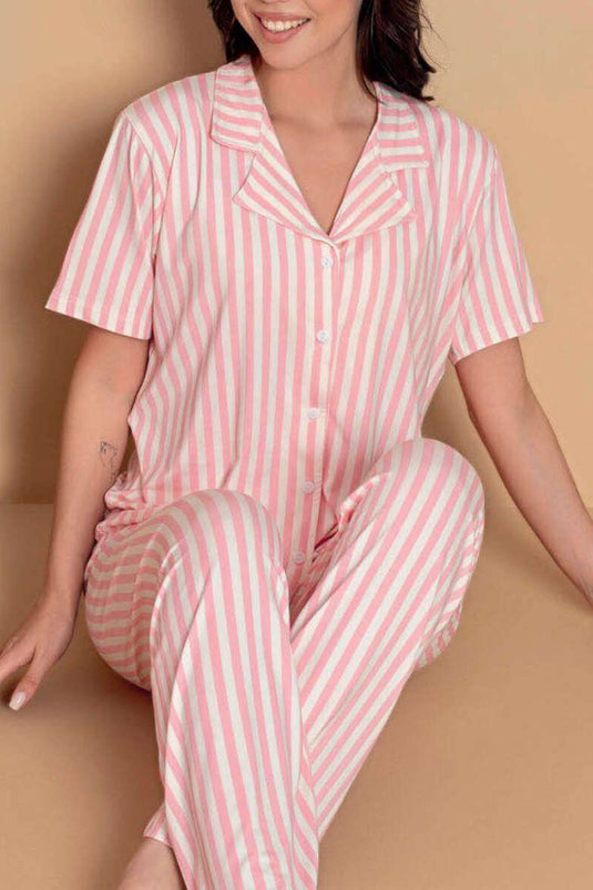 Karışık Desenli Gömlek Yaka Pijama Takımı Çizgili Pembe