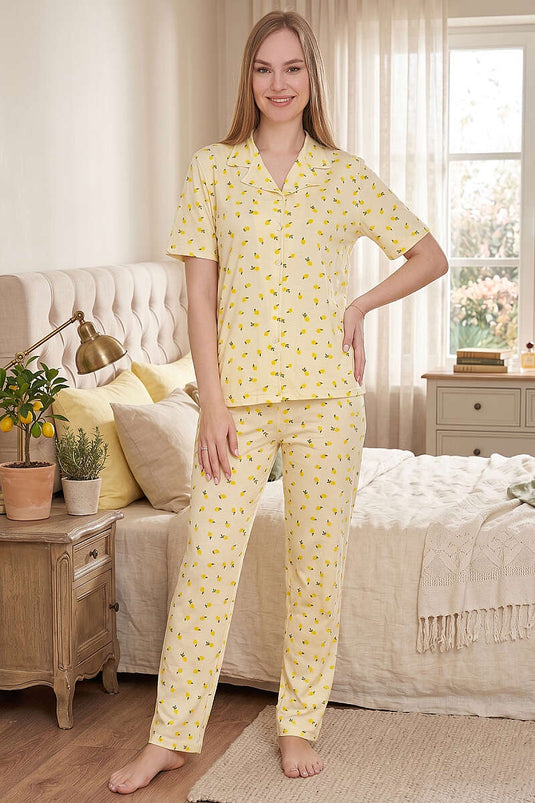 Karışık Desenli Gömlek Yaka Pijama Takımı Limon
