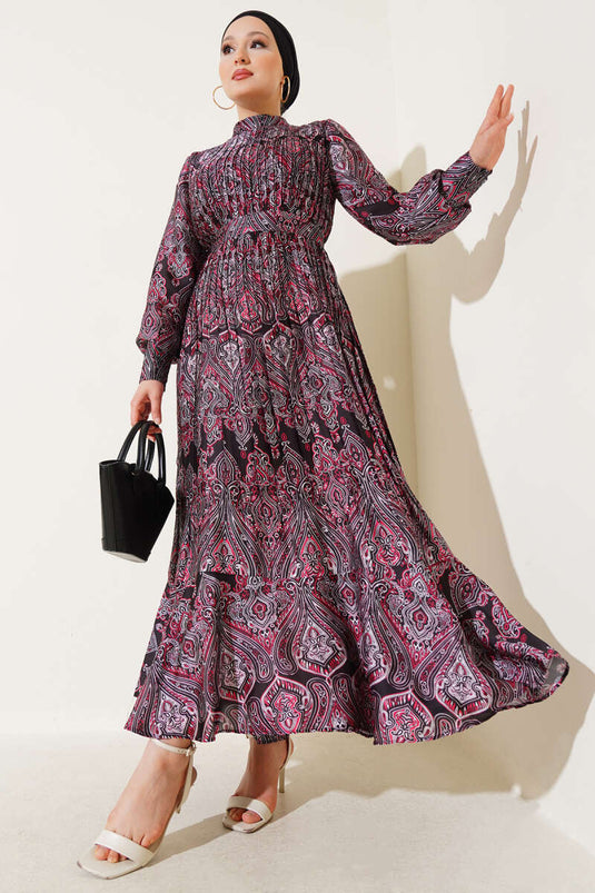 Mixed Pattern Belted Dress Black