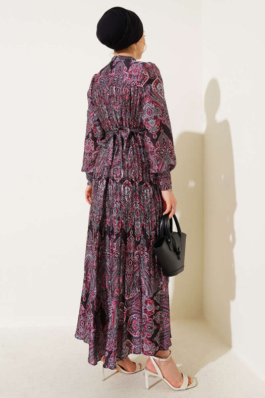 Mixed Pattern Belted Dress Black