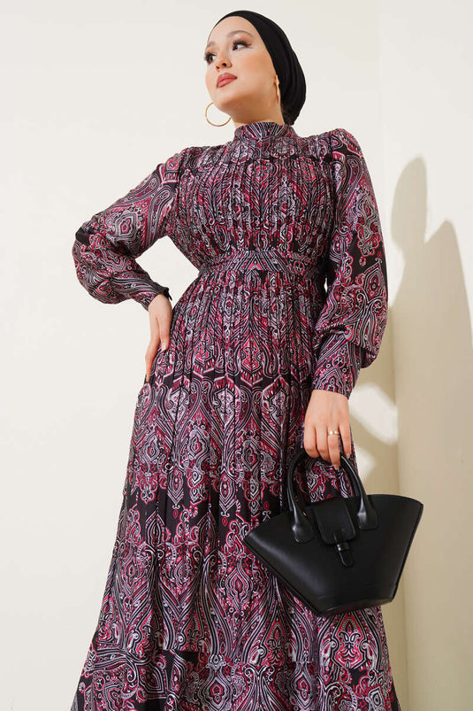 Mixed Pattern Belted Dress Black