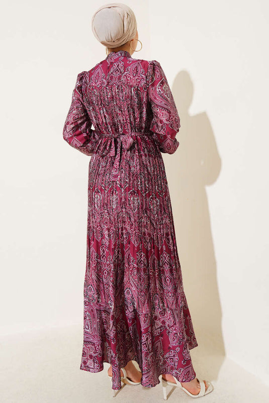 Karışık Desenli Kuşaklı Elbise Bordo
