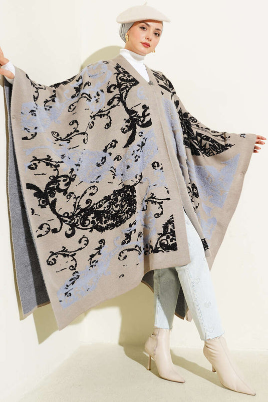 Mixed Pattern Poncho Sand Beige