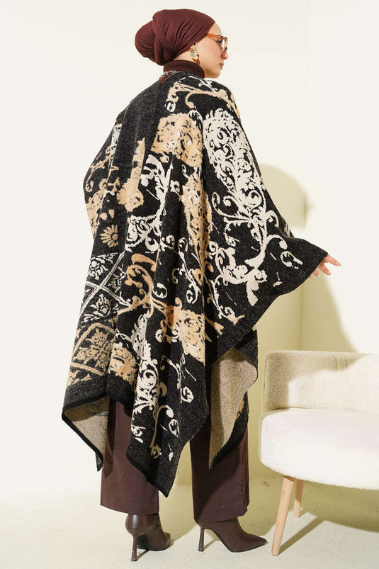 Mixed Patterned Poncho Black