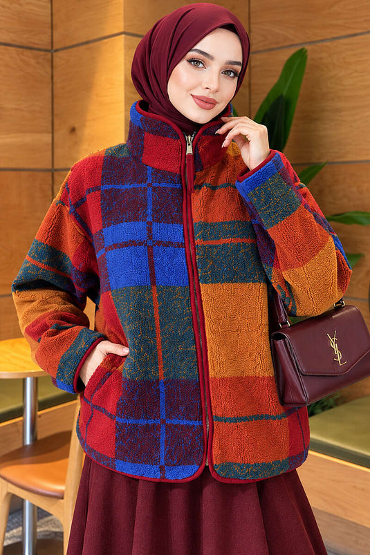 Mixed Pattern Fuzzy Coat With Checkered Design