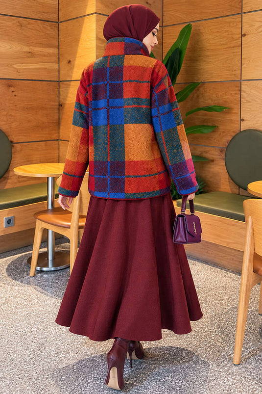 Mixed Pattern Fuzzy Coat With Checkered Design