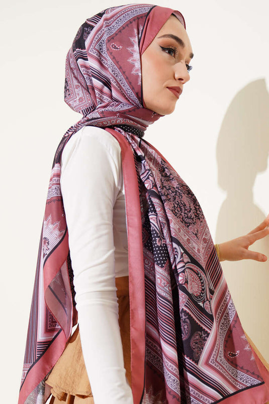 شال ناعم بنقوش مختلطة وردي باهت