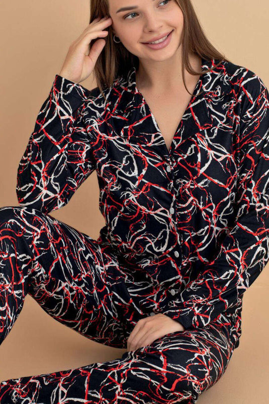 Mixed Pattern Suede Pajama Set Black and Red