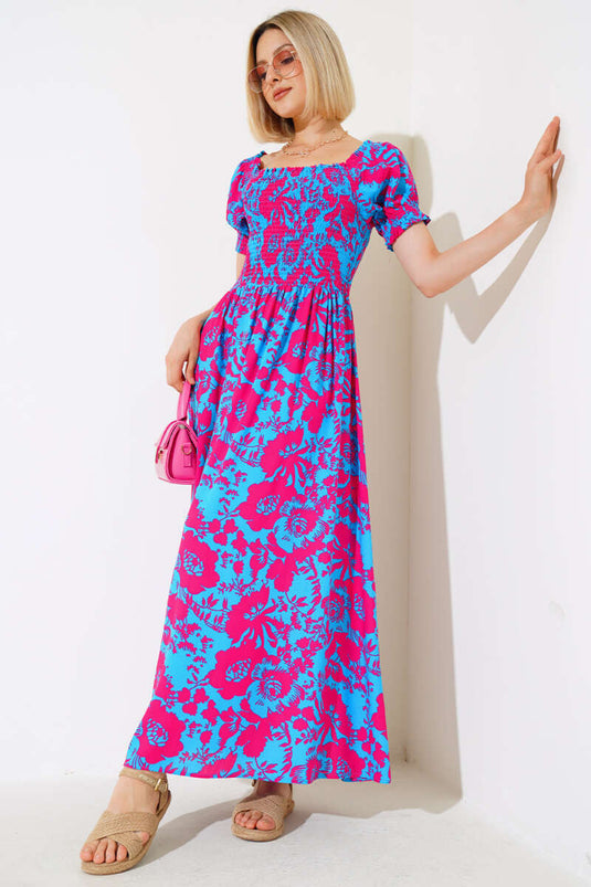 Robe en viscose tissée à motifs variés bleu fuchsia