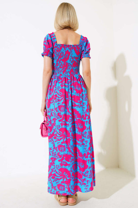 Robe en viscose tissée à motifs variés bleu fuchsia