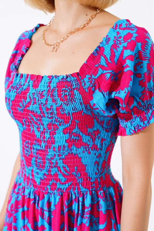 Robe en viscose tissée à motifs variés bleu fuchsia