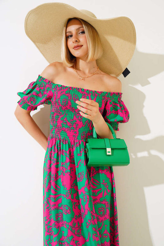 Robe tissée en viscose à motifs variés vert fuchsia