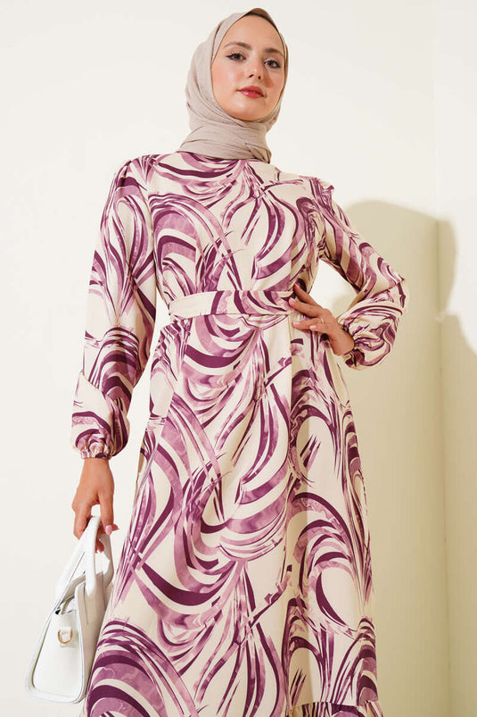 Mixed Patterned Flounce Belted Dress, Plum
