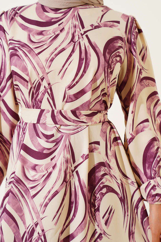 Mixed Patterned Flounce Belted Dress, Plum