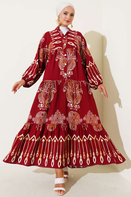 Viskosekleid mit gemischtem Muster und halben Knöpfen, Burgunderrot