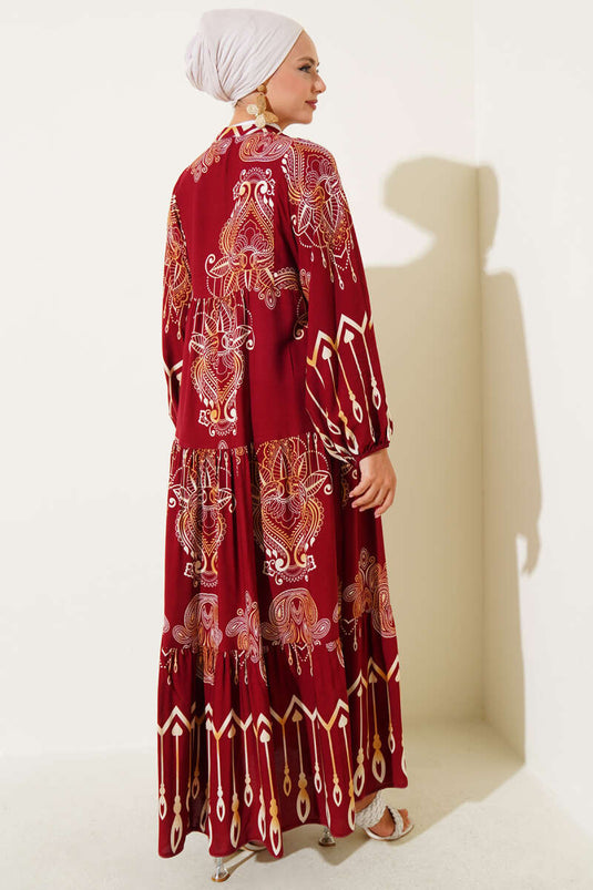 Viskosekleid mit gemischtem Muster und halben Knöpfen, Burgunderrot