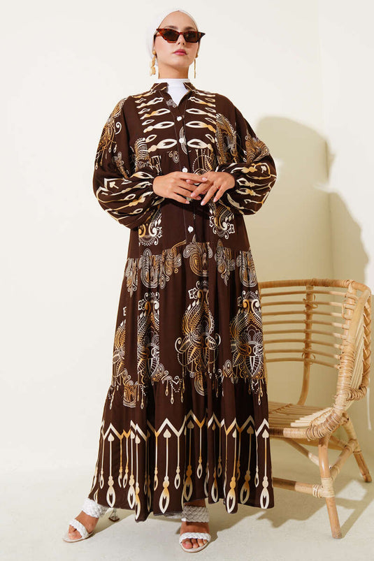 Gemustertes Halbknopf-Viskosekleid Braun