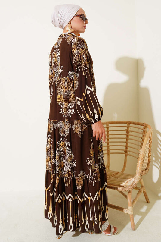 Gemustertes Halbknopf-Viskosekleid Braun