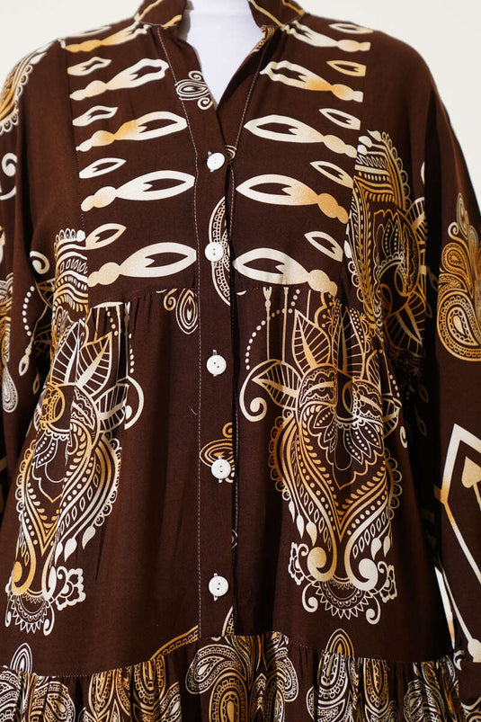 Gemustertes Halbknopf-Viskosekleid Braun