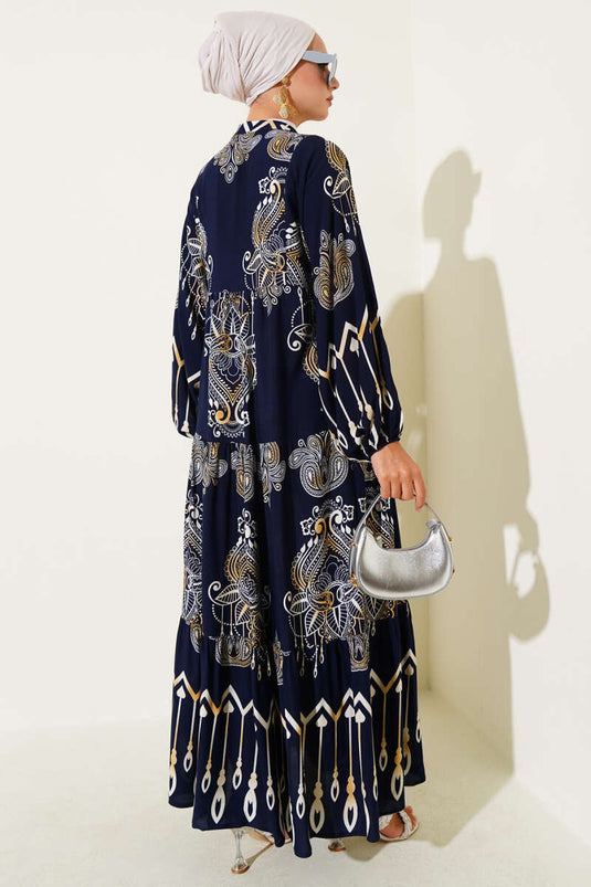 Mixed Patterned Half Buttoned Viscose Dress Navy Blue