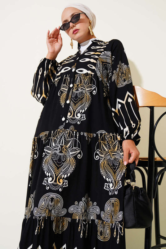 فستان فيسكوز أسود بنصف أزرار ونقوش مختلطة