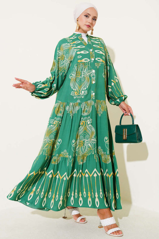 Mixed Patterned Half Buttoned Viscose Dress Green