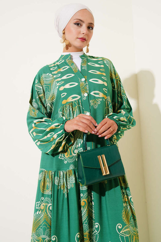 Mixed Patterned Half Buttoned Viscose Dress Green