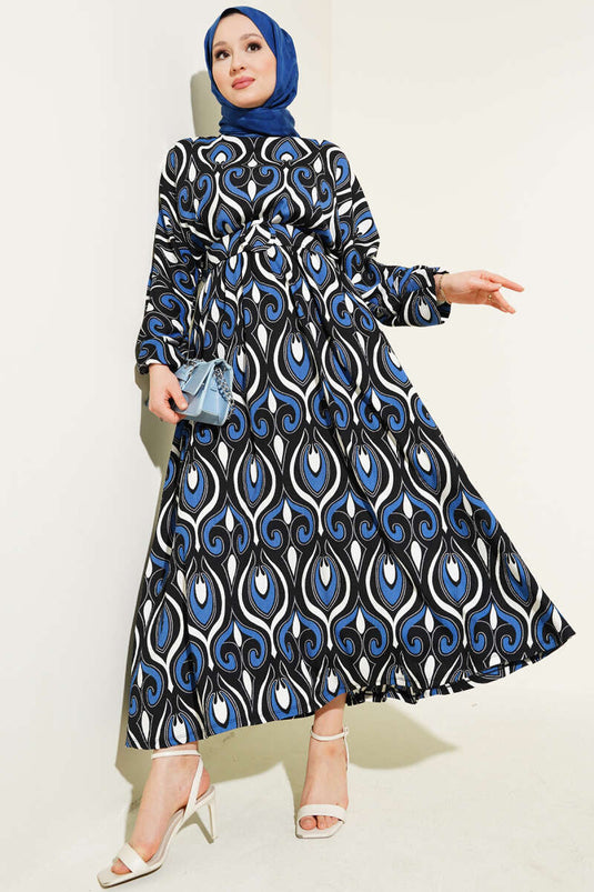 Mixed Patterned Belted Dress Indigo