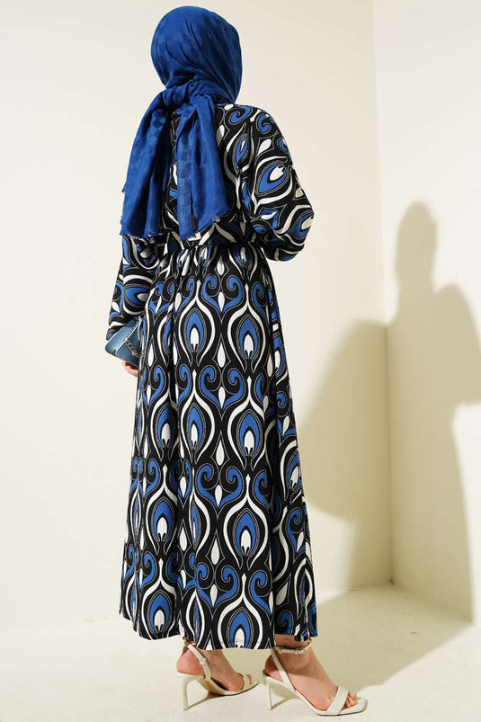 Mixed Patterned Belted Dress Indigo