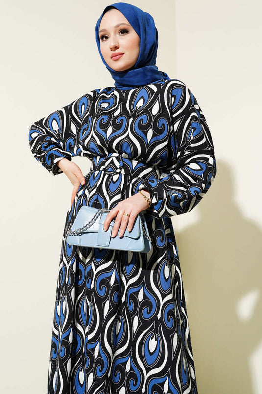 Mixed Patterned Belted Dress Indigo