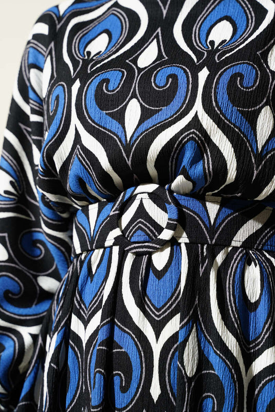 Mixed Patterned Belted Dress Indigo