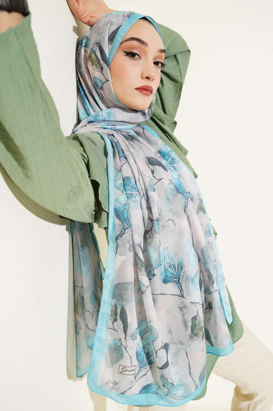 Karışık Yaprak Desenli Şal Turkuaz