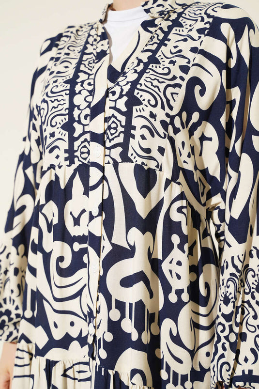 Komplex gemustertes Kleid mit V-Ausschnitt, marineblau