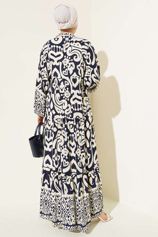 Komplex gemustertes Kleid mit V-Ausschnitt, marineblau