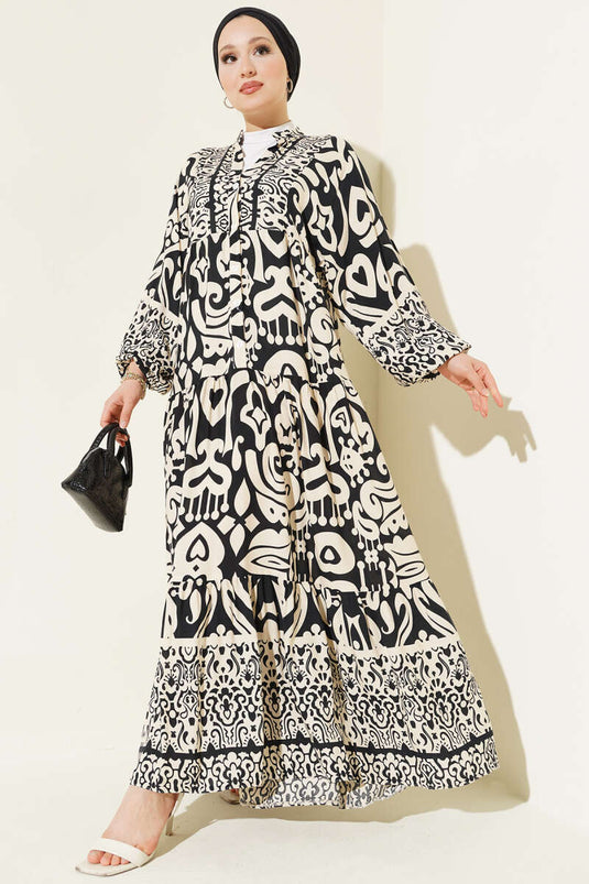 Complex Patterned V-Neck Dress, Black