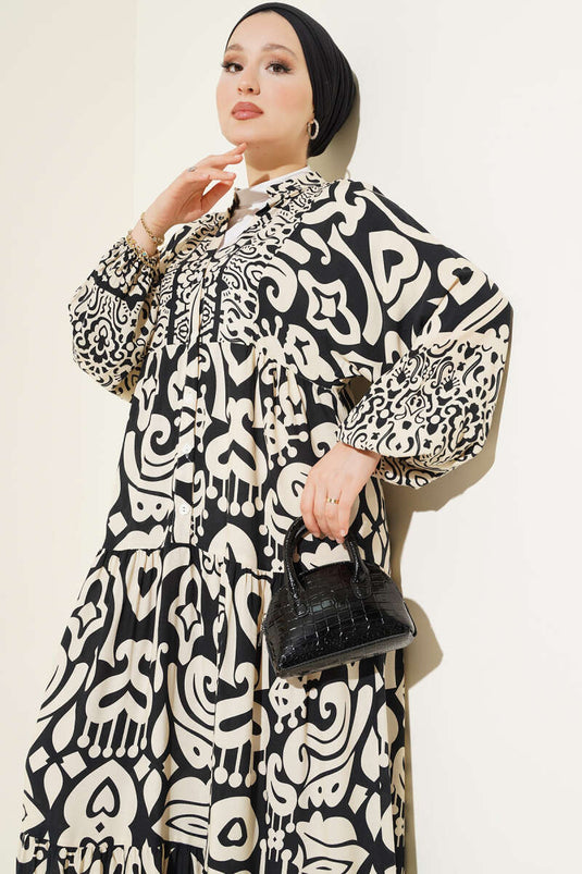 Complex Patterned V-Neck Dress, Black