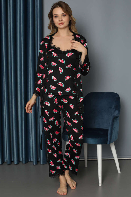 Watermelon Slice Printed Robe and 3-Piece Pajama Set Black