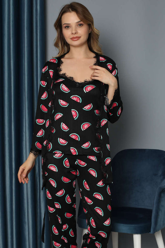 Watermelon Slice Printed Robe and 3-Piece Pajama Set Black