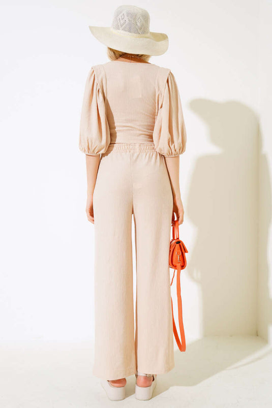 Ensemble deux pièces beige à manches pastèque