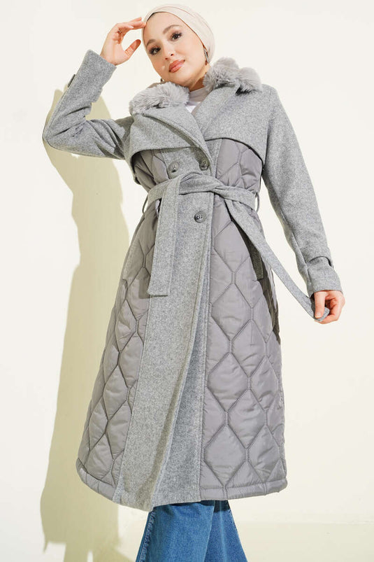 Grey Quilted Coat with Fur Collar and Cashmere Detail