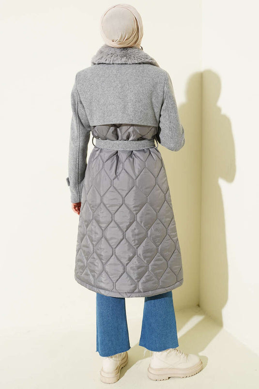 Grey Quilted Coat with Fur Collar and Cashmere Detail