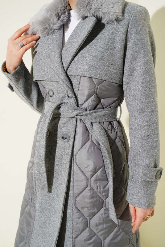 Grey Quilted Coat with Fur Collar and Cashmere Detail