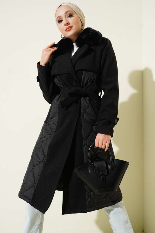 Kaşe Detaylı Yaka Kürklü Kapitone Mont Siyah