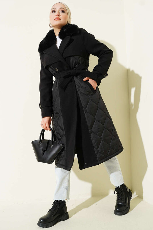Black Quilted Coat with Fur Collar and Cashmere Detail