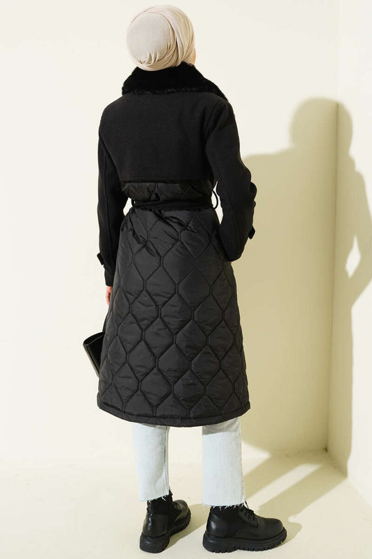 Black Quilted Coat with Fur Collar and Cashmere Detail