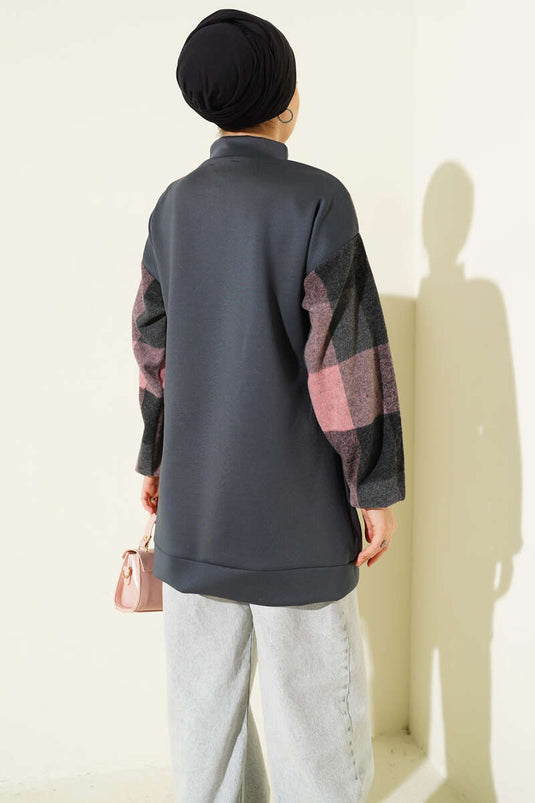 Zippered Cardigan with Cashmere Garnish, Smoked